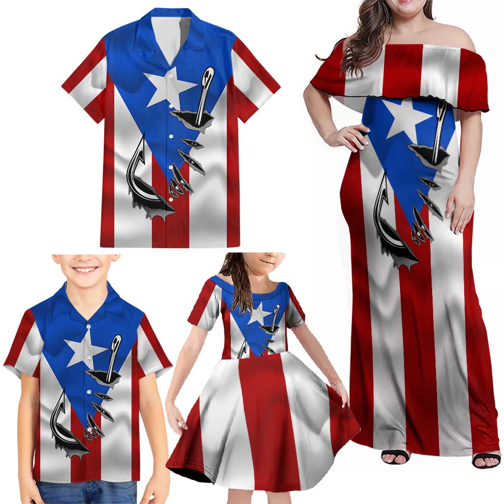 Puerto Rico Fishing Family Matching Off Shoulder Maxi Dress and Hawaiian Shirt Fish Hook Flag PR Custom Name - Wonder Print Shop