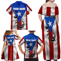 Puerto Rico Fishing Family Matching Off Shoulder Maxi Dress and Hawaiian Shirt Fish Hook Flag PR Custom Name - Wonder Print Shop