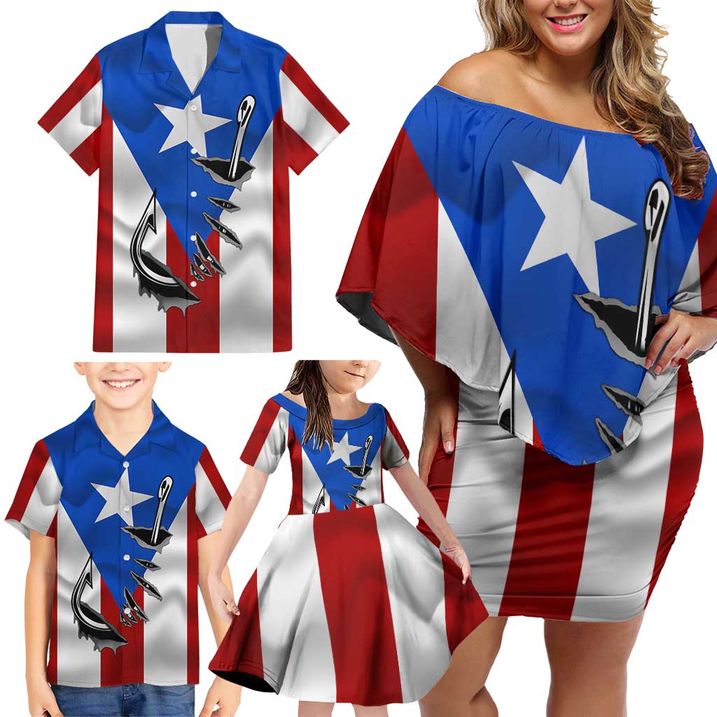Puerto Rico Fishing Family Matching Off Shoulder Short Dress and Hawaiian Shirt Fish Hook Flag PR Custom Name - Wonder Print Shop