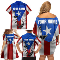 Puerto Rico Fishing Family Matching Off Shoulder Short Dress and Hawaiian Shirt Fish Hook Flag PR Custom Name - Wonder Print Shop