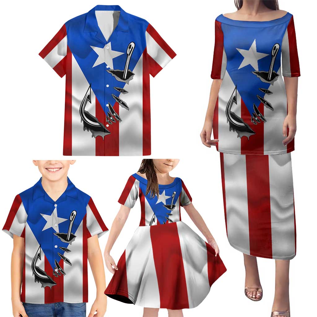 Puerto Rico Fishing Family Matching Puletasi and Hawaiian Shirt Fish Hook Flag PR Custom Name - Wonder Print Shop