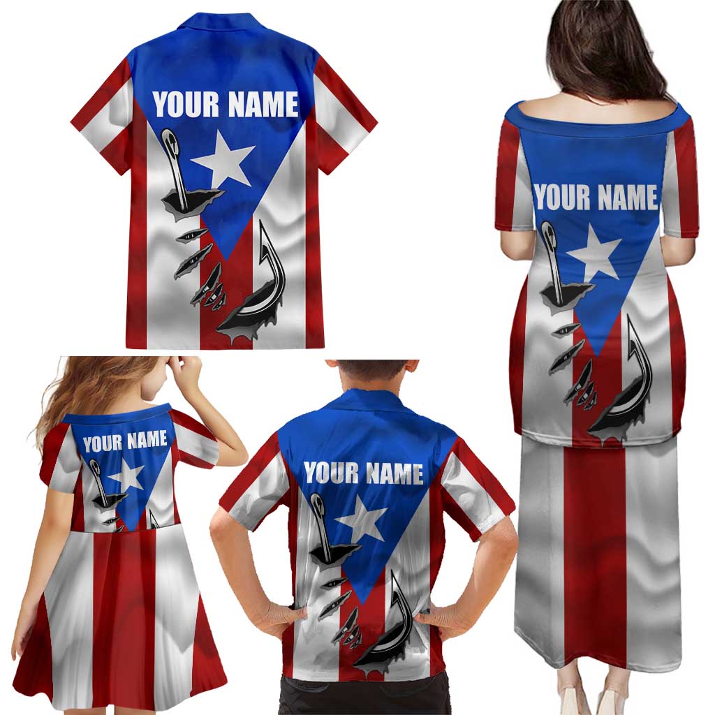 Puerto Rico Fishing Family Matching Puletasi and Hawaiian Shirt Fish Hook Flag PR Custom Name - Wonder Print Shop