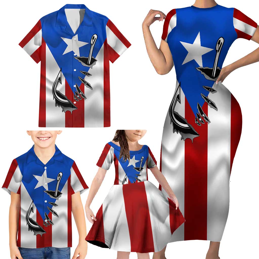 Puerto Rico Fishing Family Matching Short Sleeve Bodycon Dress and Hawaiian Shirt Fish Hook Flag PR Custom Name - Wonder Print Shop