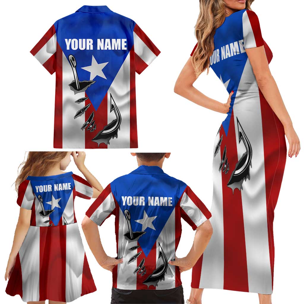 Puerto Rico Fishing Family Matching Short Sleeve Bodycon Dress and Hawaiian Shirt Fish Hook Flag PR Custom Name - Wonder Print Shop