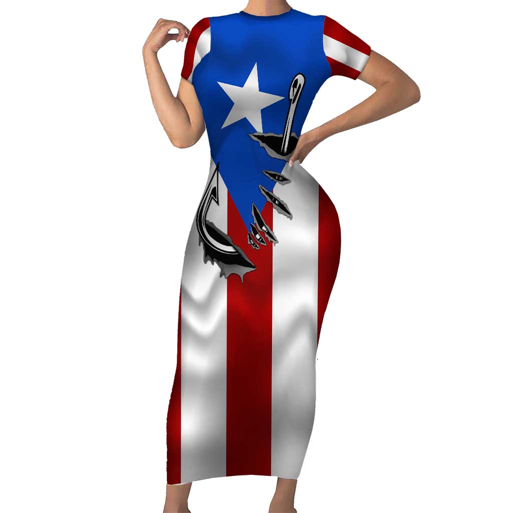 Puerto Rico Fishing Family Matching Short Sleeve Bodycon Dress and Hawaiian Shirt Fish Hook Flag PR Custom Name - Wonder Print Shop