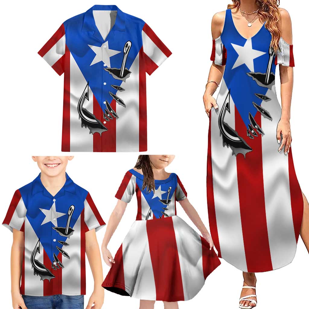 Puerto Rico Fishing Family Matching Summer Maxi Dress and Hawaiian Shirt Fish Hook Flag PR Custom Name - Wonder Print Shop