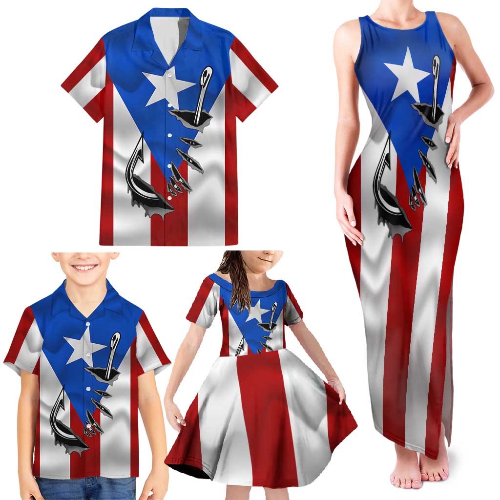 Puerto Rico Fishing Family Matching Tank Maxi Dress and Hawaiian Shirt Fish Hook Flag PR Custom Name - Wonder Print Shop