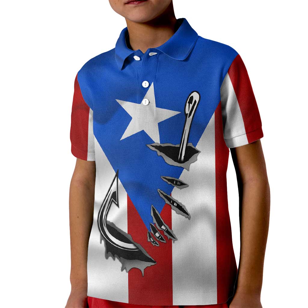 Puerto Rico Fishing Kid Polo Shirt Fish Hook Flag PR Custom Name - Wonder Print Shop