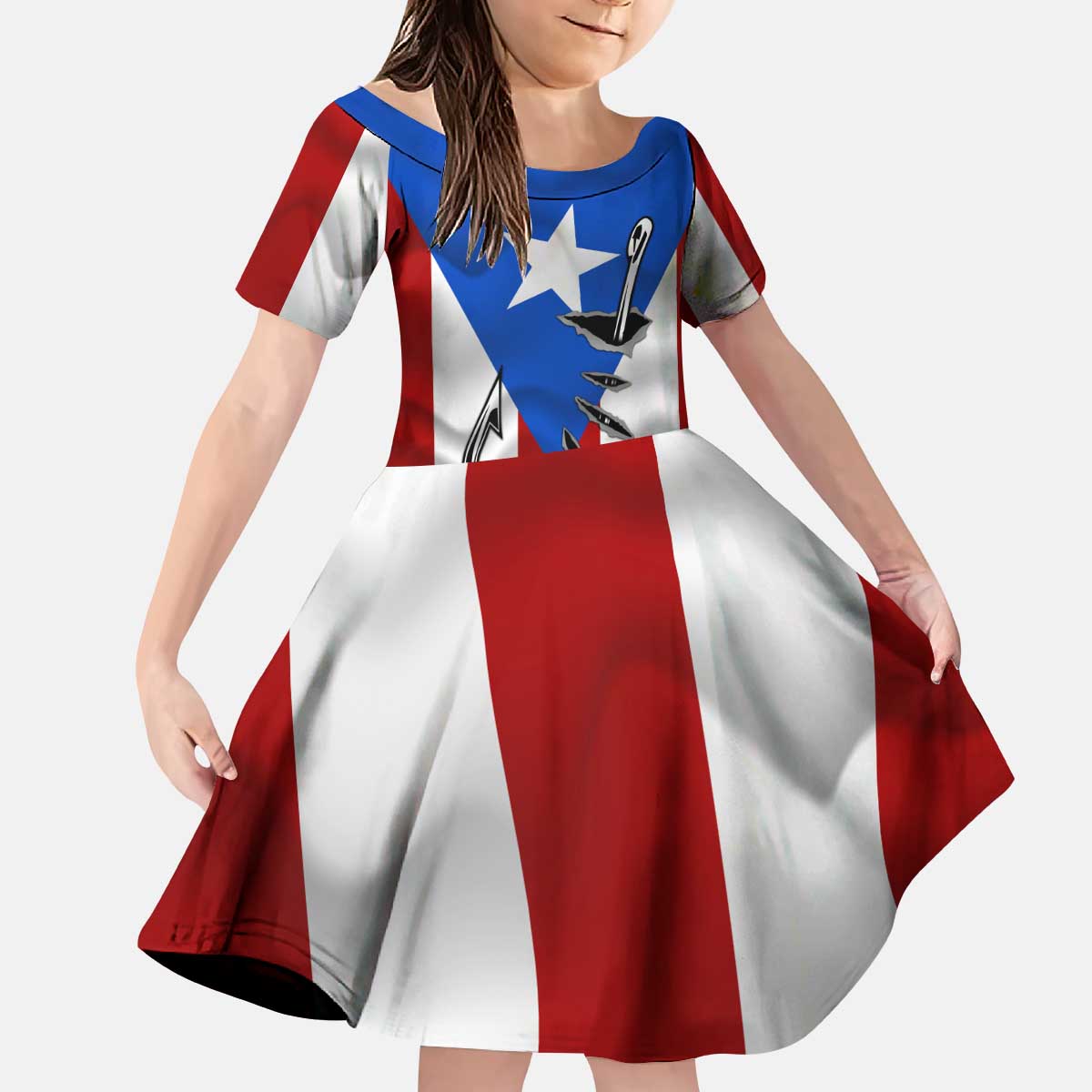Puerto Rico Fishing Kid Short Sleeve Dress Fish Hook Flag PR Custom Name - Wonder Print Shop
