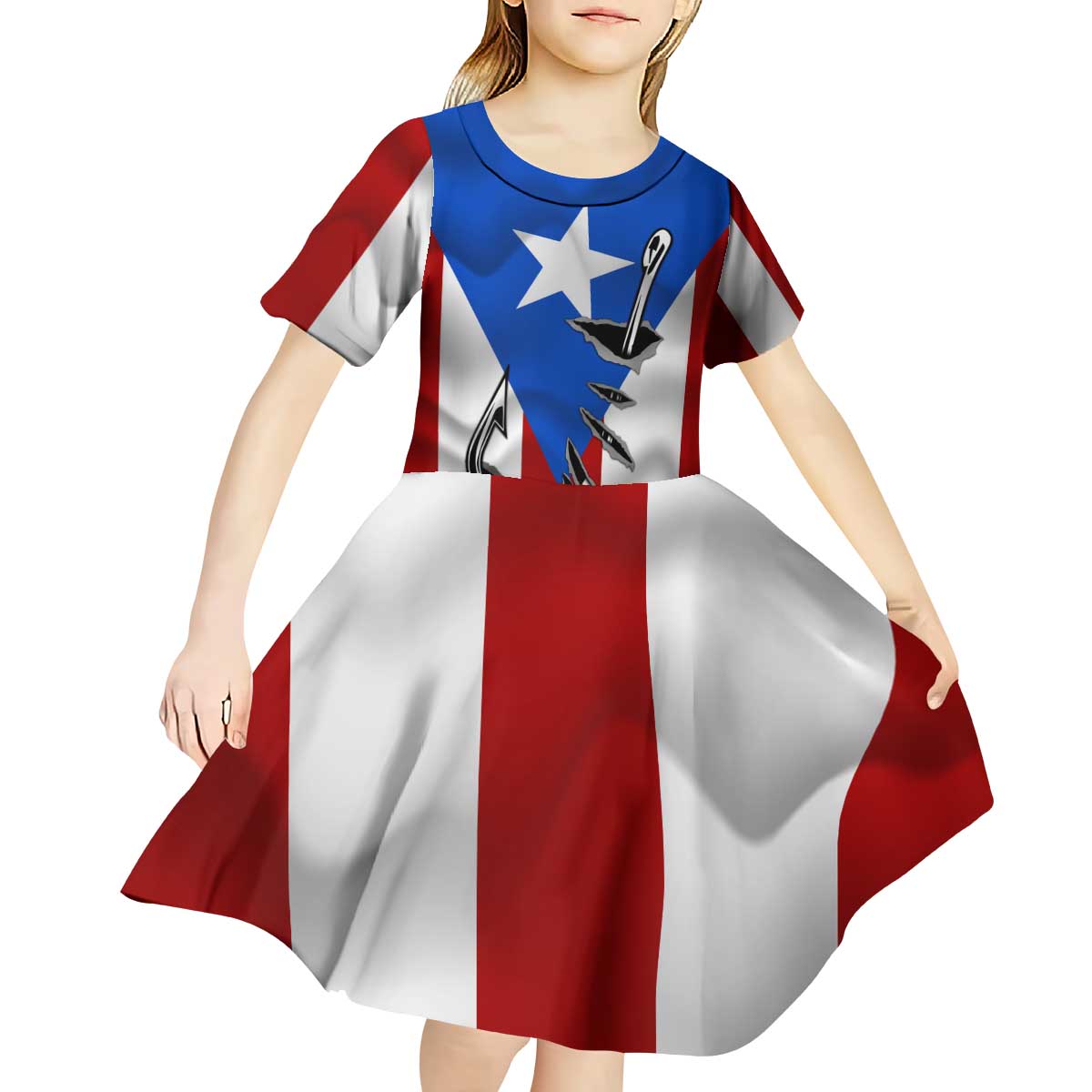 Puerto Rico Fishing Kid Short Sleeve Dress Fish Hook Flag PR Custom Name - Wonder Print Shop