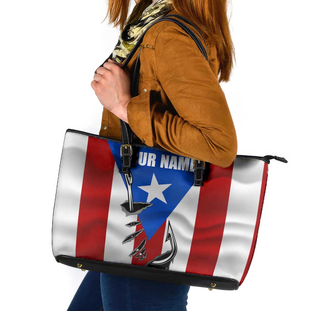 Puerto Rico Fishing Leather Tote Bag Fish Hook Flag PR Custom Name - Wonder Print Shop