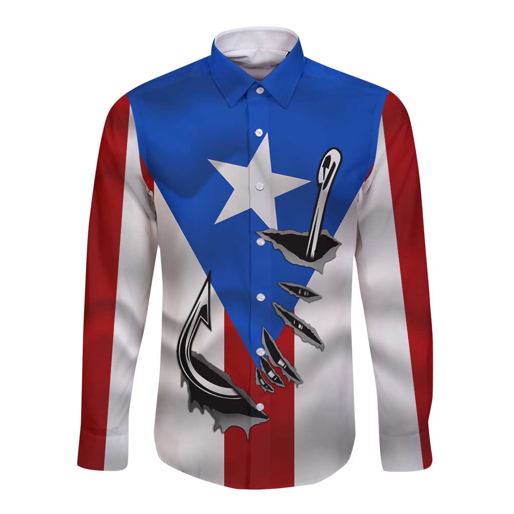 Puerto Rico Fishing Long Sleeve Button Shirt Fish Hook Flag PR Custom Name - Wonder Print Shop