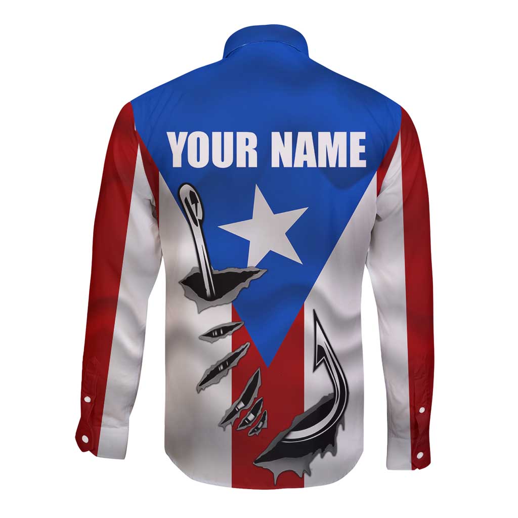 Puerto Rico Fishing Long Sleeve Button Shirt Fish Hook Flag PR Custom Name - Wonder Print Shop