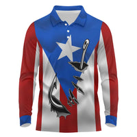 Puerto Rico Fishing Long Sleeve Polo Shirt Fish Hook Flag PR Custom Name - Wonder Print Shop