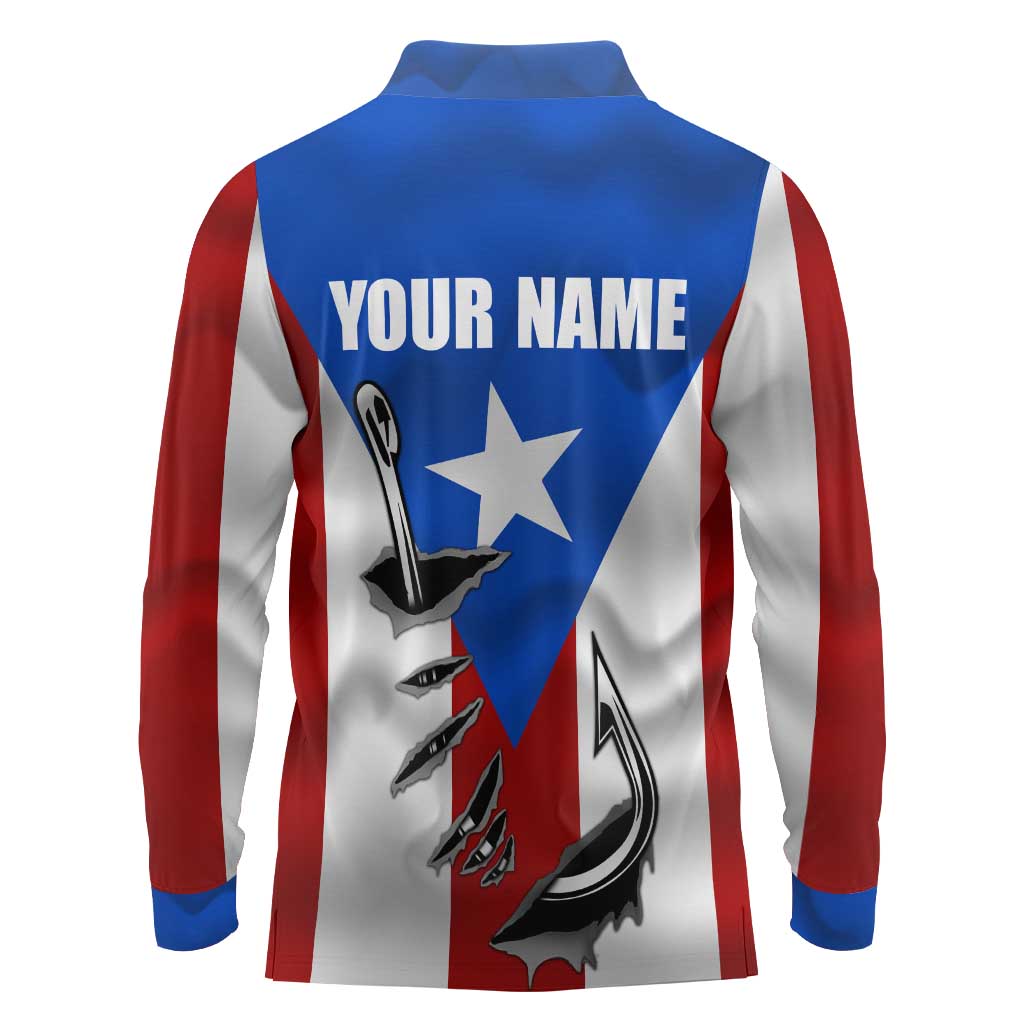 Puerto Rico Fishing Long Sleeve Polo Shirt Fish Hook Flag PR Custom Name - Wonder Print Shop