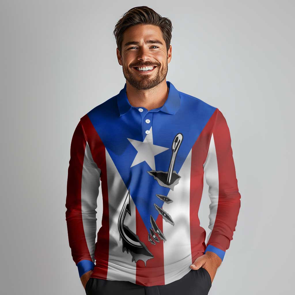 Puerto Rico Fishing Long Sleeve Polo Shirt Fish Hook Flag PR Custom Name - Wonder Print Shop