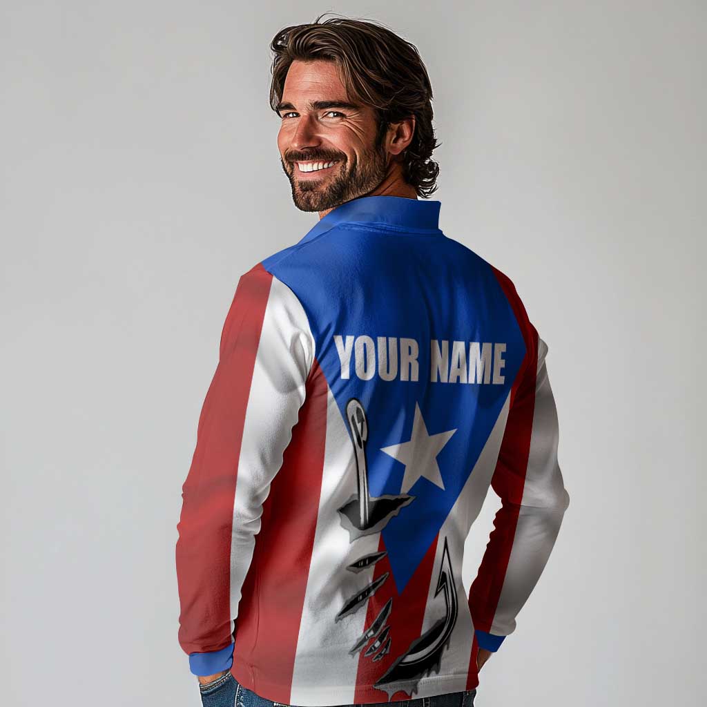 Puerto Rico Fishing Long Sleeve Polo Shirt Fish Hook Flag PR Custom Name - Wonder Print Shop