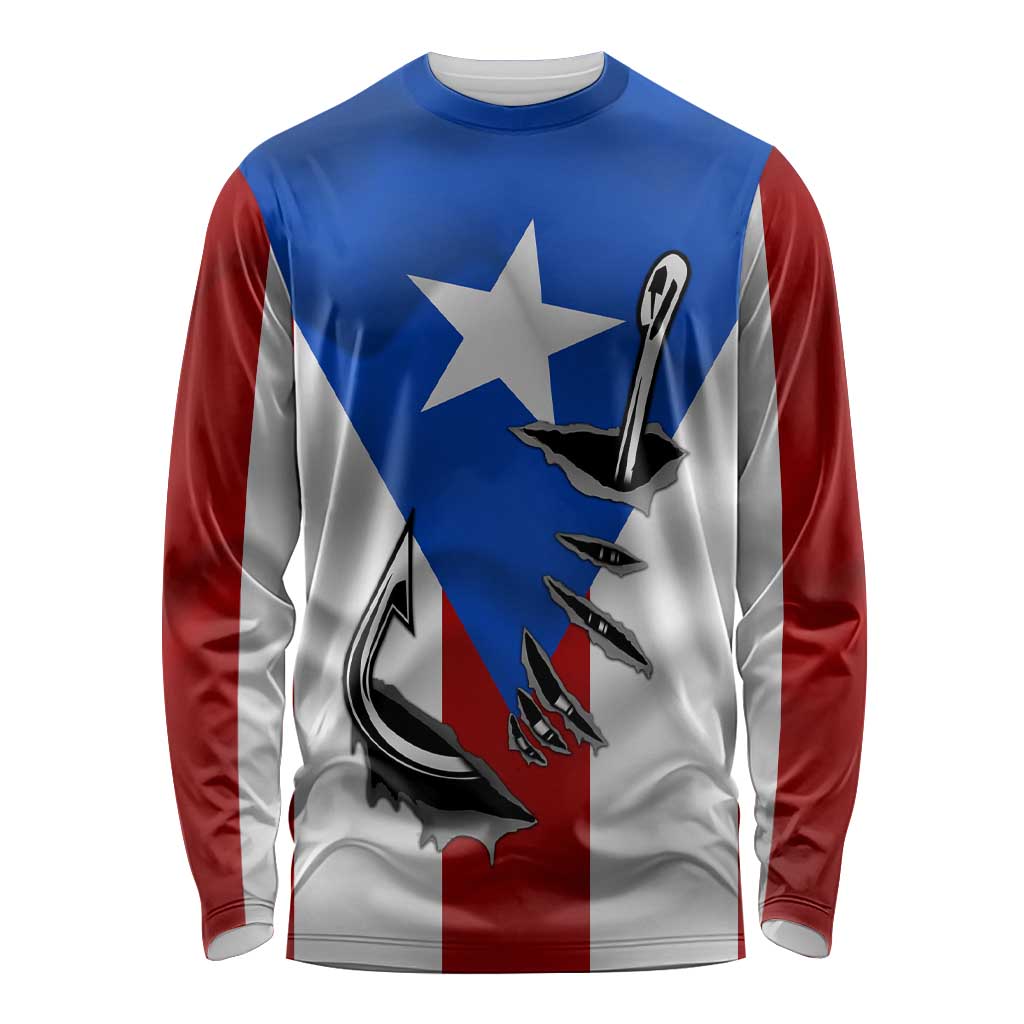 Puerto Rico Fishing Long Sleeve Shirt Fish Hook Flag PR Custom Name - Wonder Print Shop