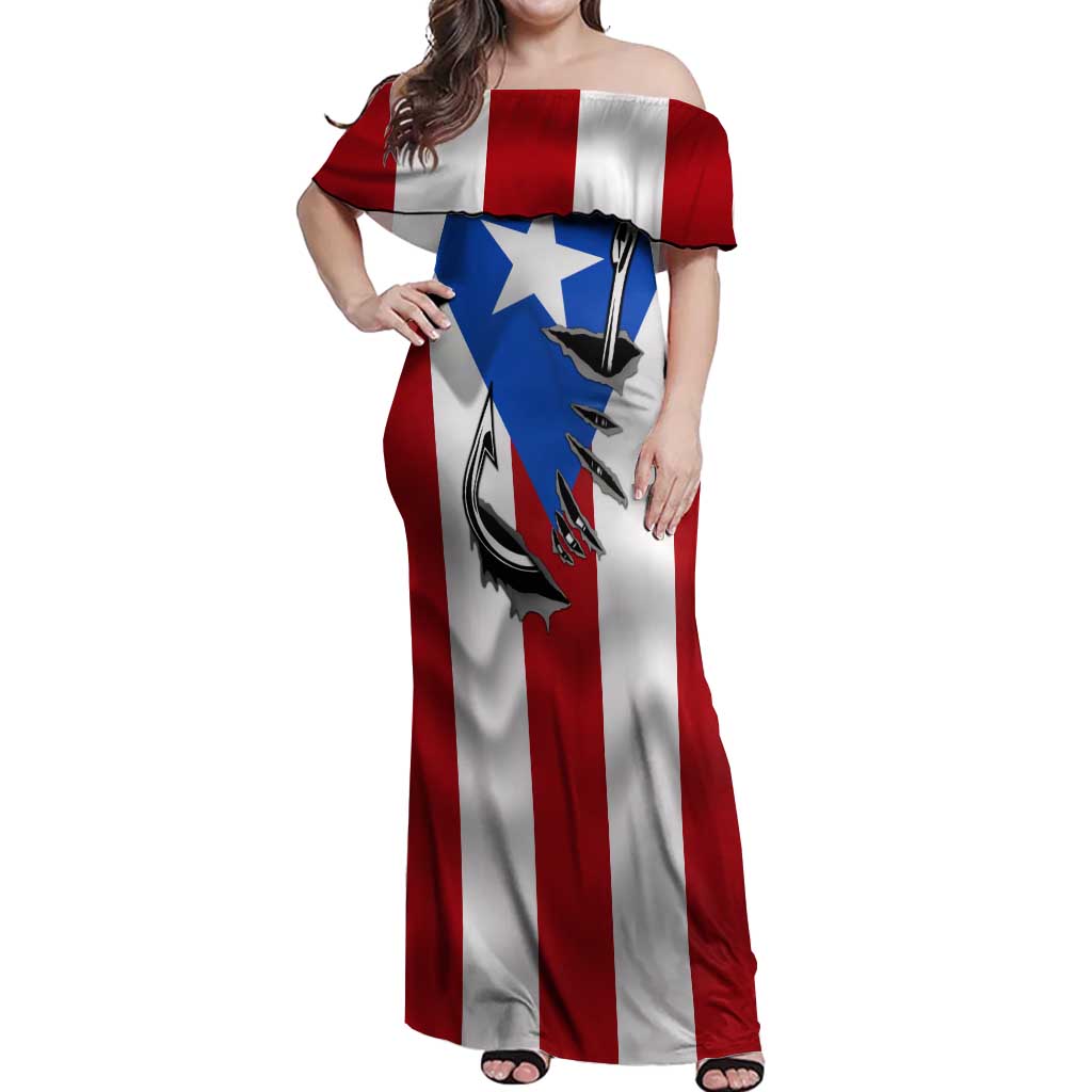 Puerto Rico Fishing Off Shoulder Maxi Dress Fish Hook Flag PR Custom Name - Wonder Print Shop
