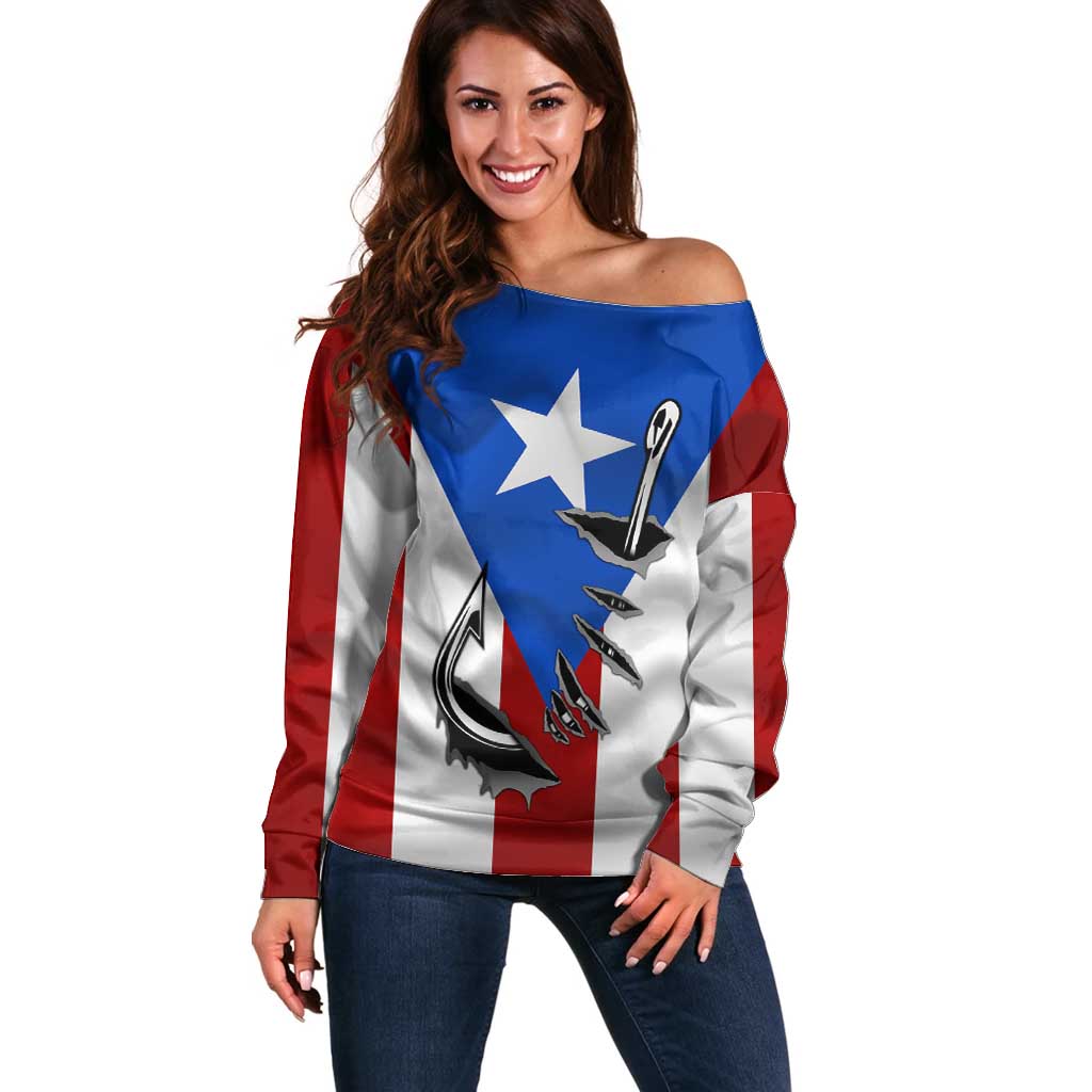 Puerto Rico Fishing Off Shoulder Sweater Fish Hook Flag PR Custom Name - Wonder Print Shop