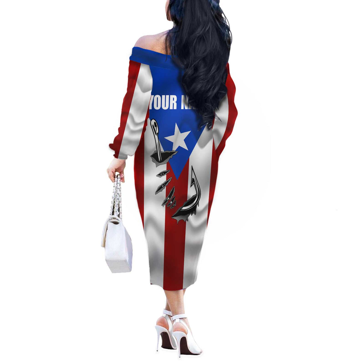 Puerto Rico Fishing Off The Shoulder Long Sleeve Dress Fish Hook Flag PR Custom Name - Wonder Print Shop