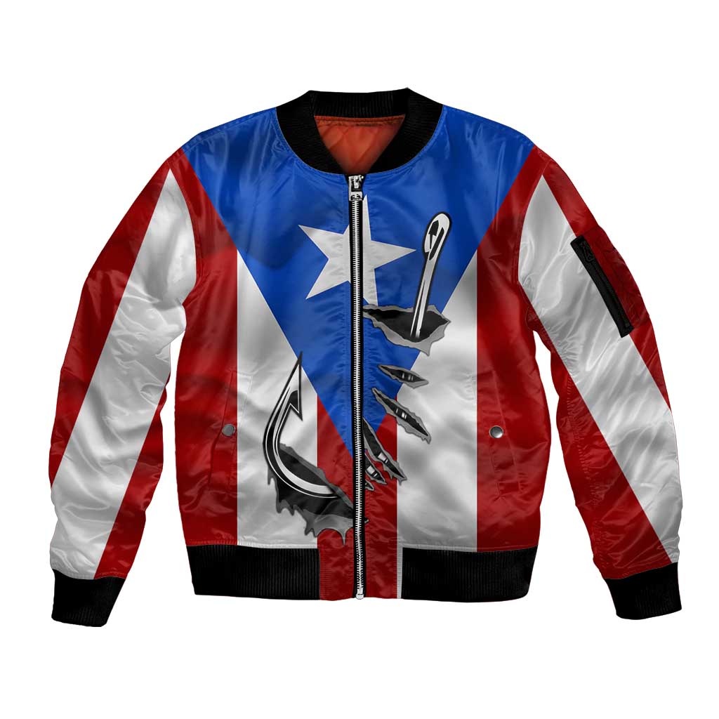 Puerto Rico Fishing Sleeve Zip Bomber Jacket Fish Hook Flag PR Custom Name - Wonder Print Shop