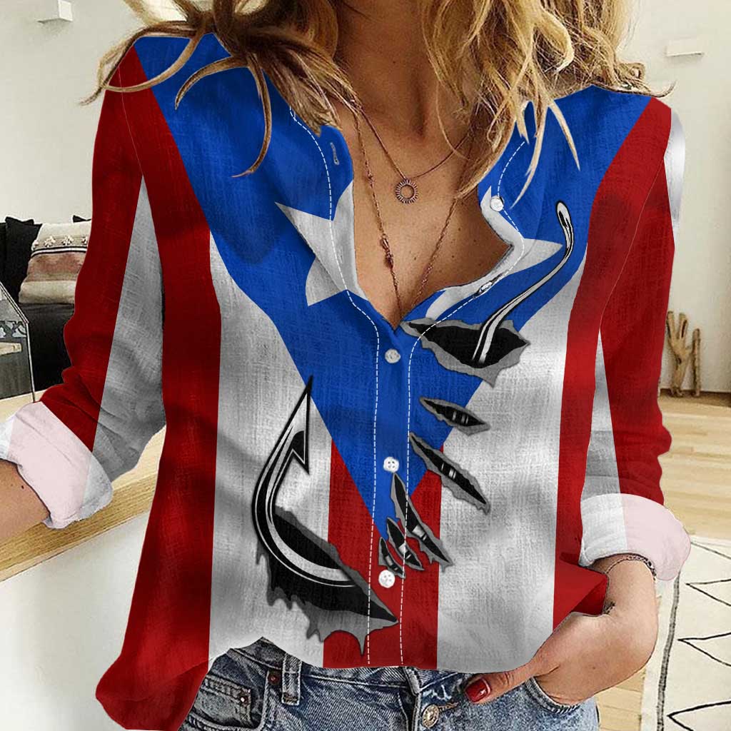 Puerto Rico Fishing Women Casual Shirt Fish Hook Flag PR Custom Name - Wonder Print Shop