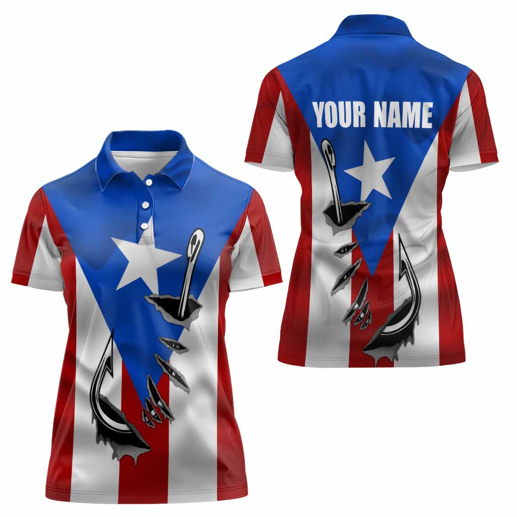 Puerto Rico Fishing Women Polo Shirt Fish Hook Flag PR Custom Name - Wonder Print Shop