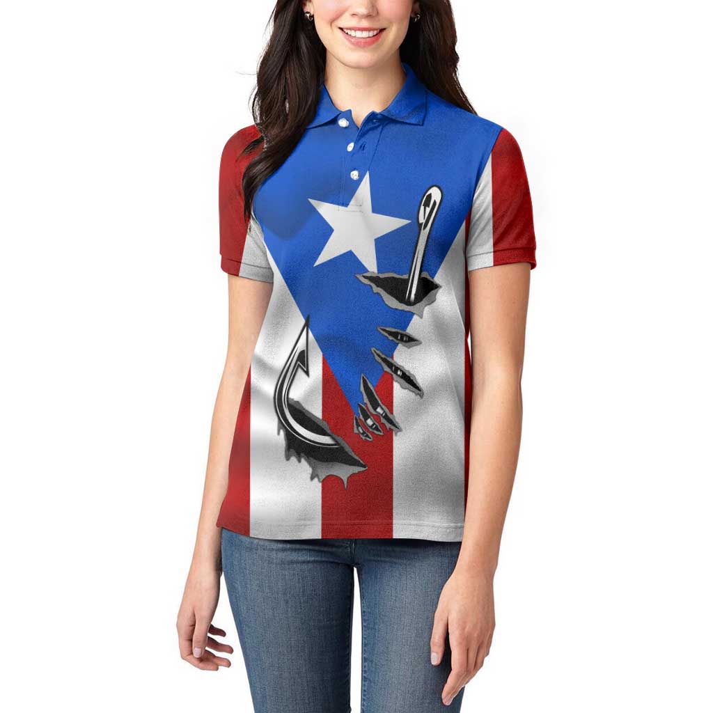 Puerto Rico Fishing Women Polo Shirt Fish Hook Flag PR Custom Name - Wonder Print Shop