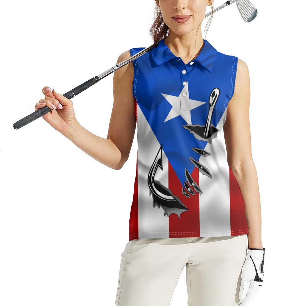 Puerto Rico Fishing Women Sleeveless Polo Shirt Fish Hook Flag PR Custom Name - Wonder Print Shop