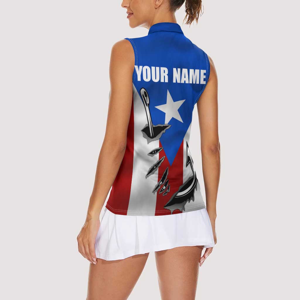 Puerto Rico Fishing Women Sleeveless Polo Shirt Fish Hook Flag PR Custom Name - Wonder Print Shop