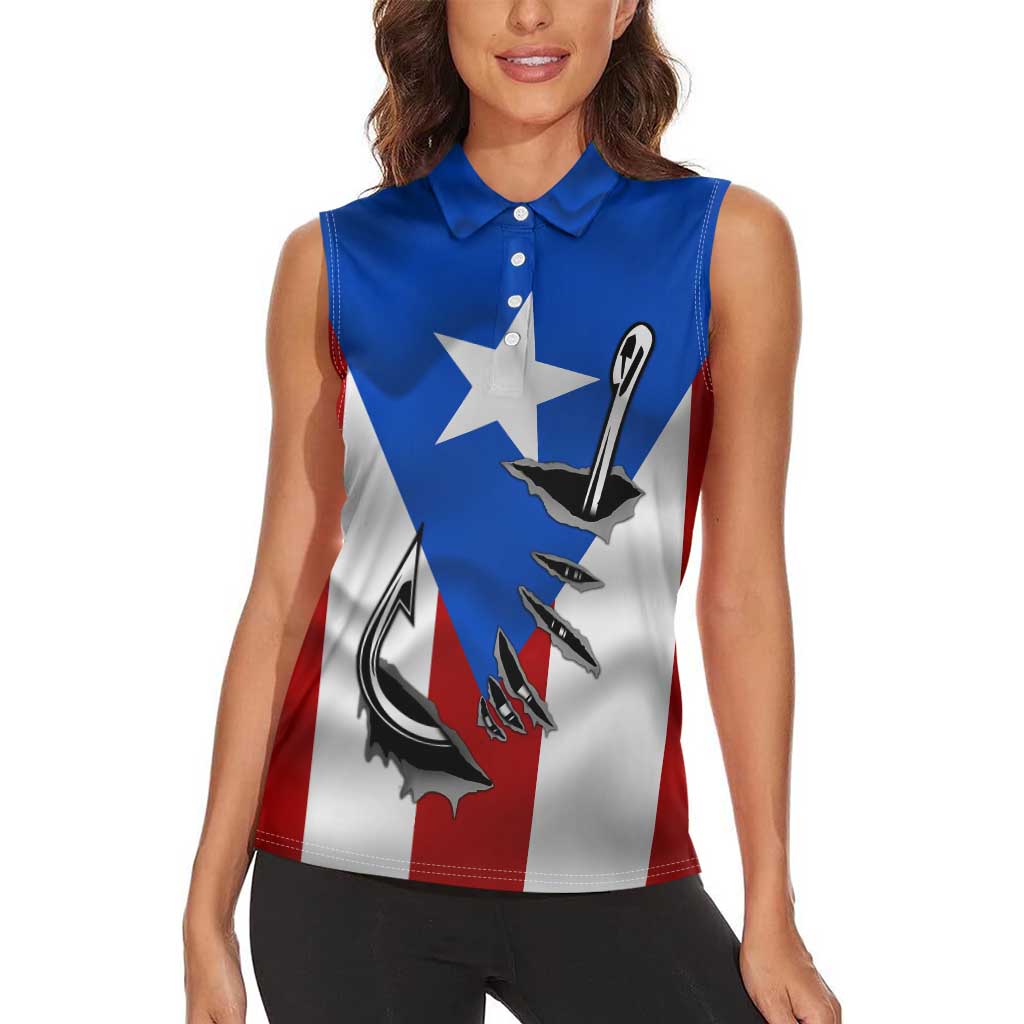 Puerto Rico Fishing Women Sleeveless Polo Shirt Fish Hook Flag PR Custom Name - Wonder Print Shop