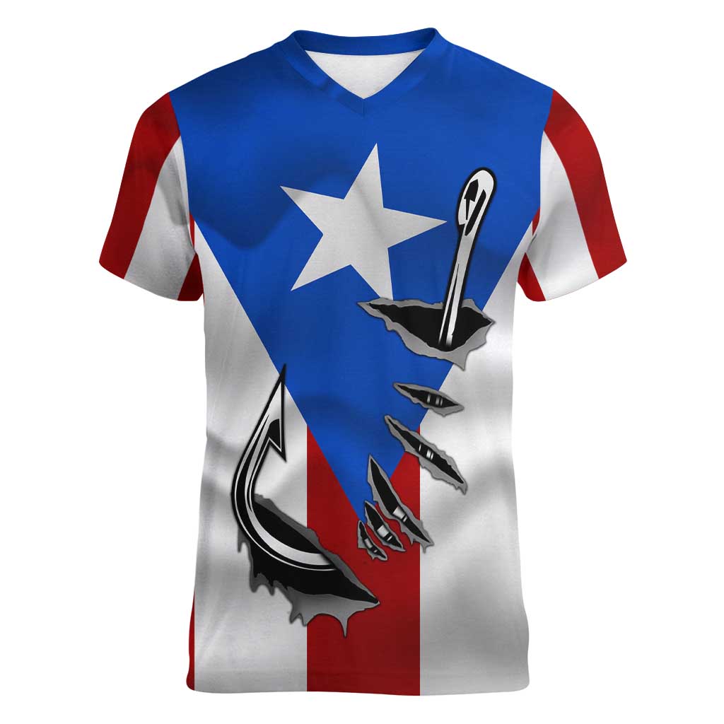 Puerto Rico Fishing Women V-Neck T-Shirt Fish Hook Flag PR Custom Name - Wonder Print Shop