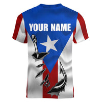 Puerto Rico Fishing Women V-Neck T-Shirt Fish Hook Flag PR Custom Name - Wonder Print Shop