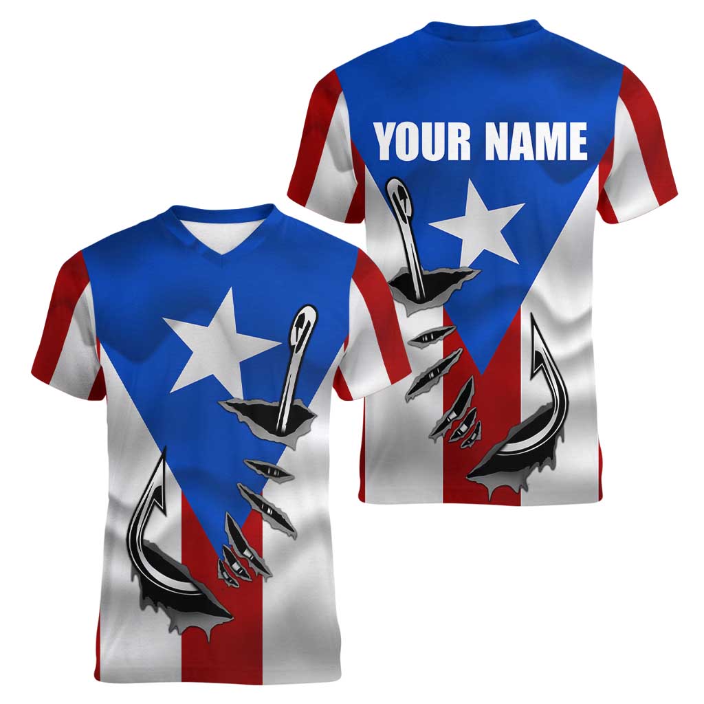 Puerto Rico Fishing Women V-Neck T-Shirt Fish Hook Flag PR Custom Name - Wonder Print Shop