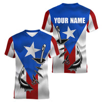 Puerto Rico Fishing Women V-Neck T-Shirt Fish Hook Flag PR Custom Name - Wonder Print Shop