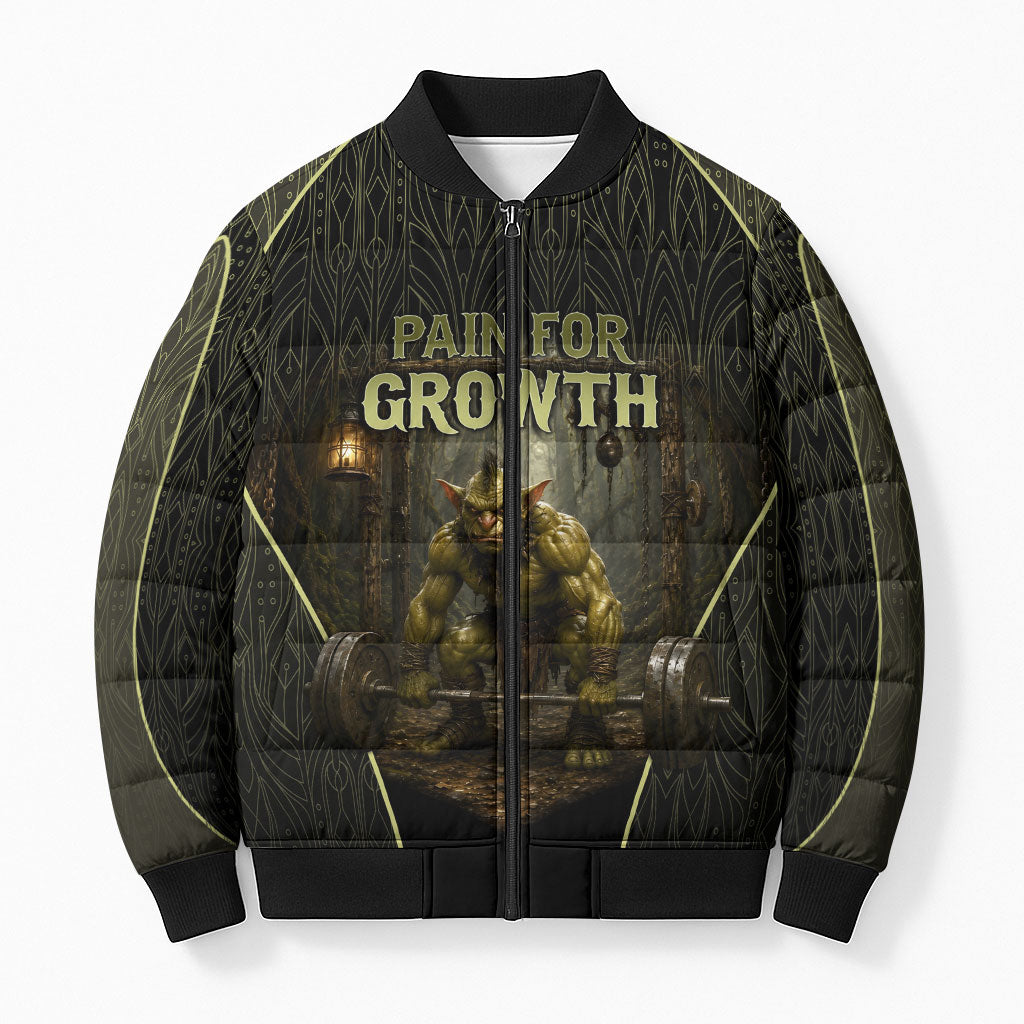 Personalized Muscular Goblin Weightlifting Bomber Puffer Jacket Pain For Growth Dark Fantasy Gym Graphic