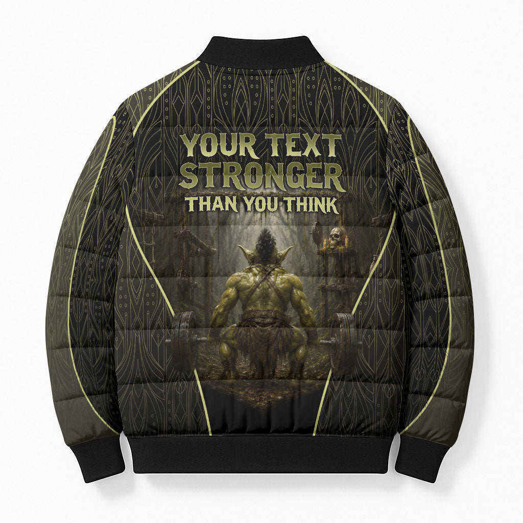 Personalized Muscular Goblin Weightlifting Bomber Puffer Jacket Pain For Growth Dark Fantasy Gym Graphic