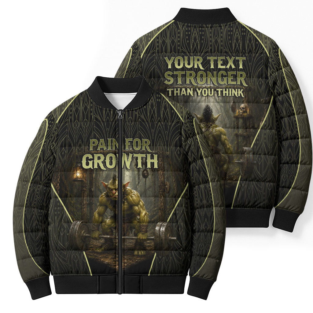 Personalized Muscular Goblin Weightlifting Bomber Puffer Jacket Pain For Growth Dark Fantasy Gym Graphic