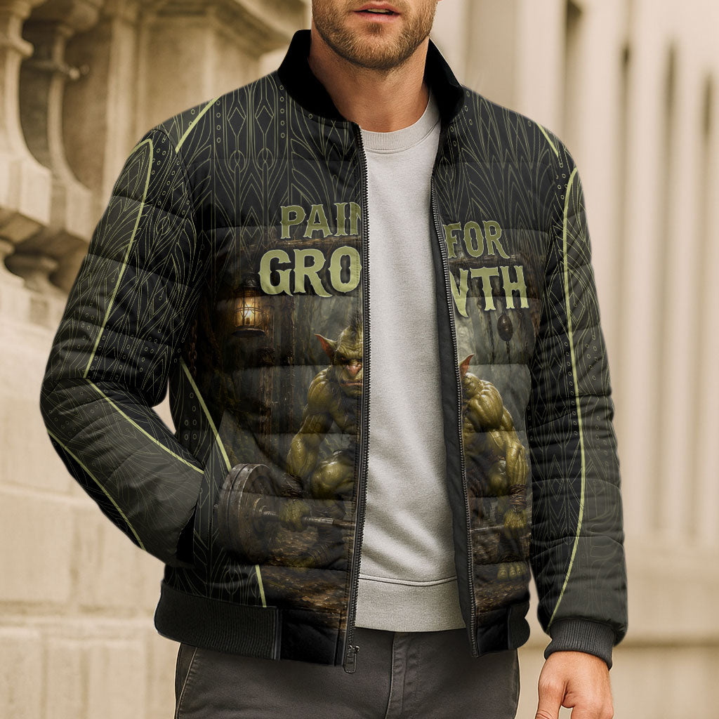 Personalized Muscular Goblin Weightlifting Bomber Puffer Jacket Pain For Growth Dark Fantasy Gym Graphic