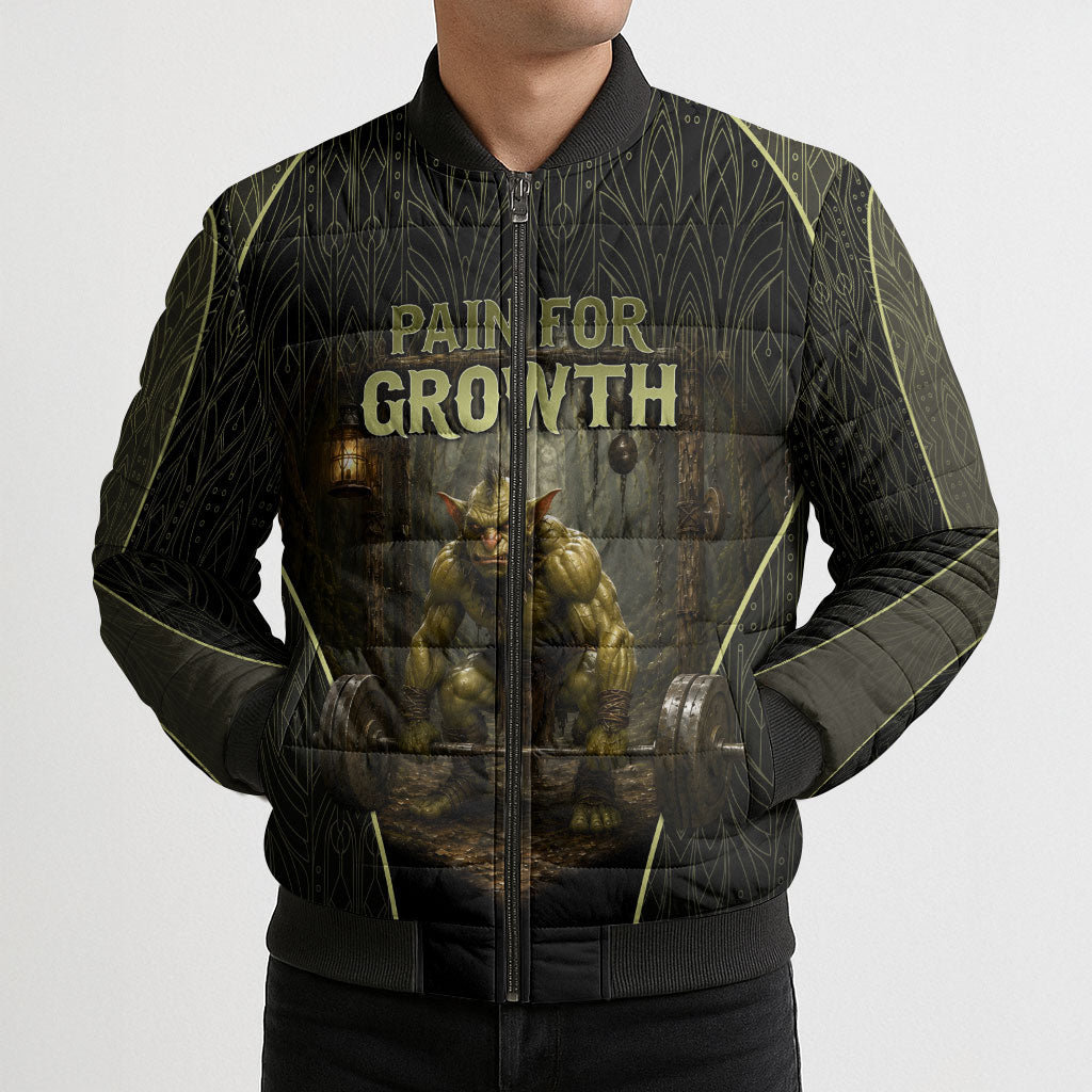Personalized Muscular Goblin Weightlifting Bomber Puffer Jacket Pain For Growth Dark Fantasy Gym Graphic