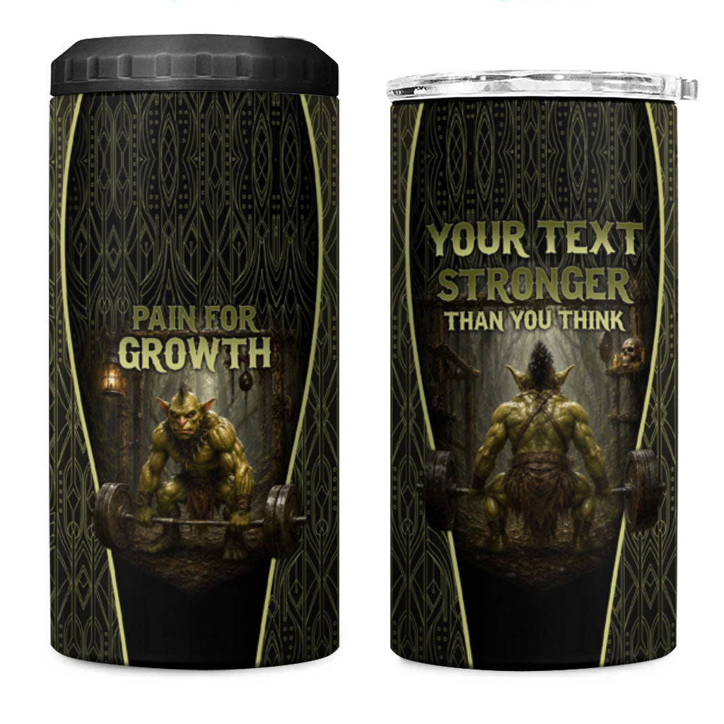 Personalized Muscular Goblin Weightlifting 4 in 1 Can Cooler Tumbler Pain For Growth Dark Fantasy Gym Graphic