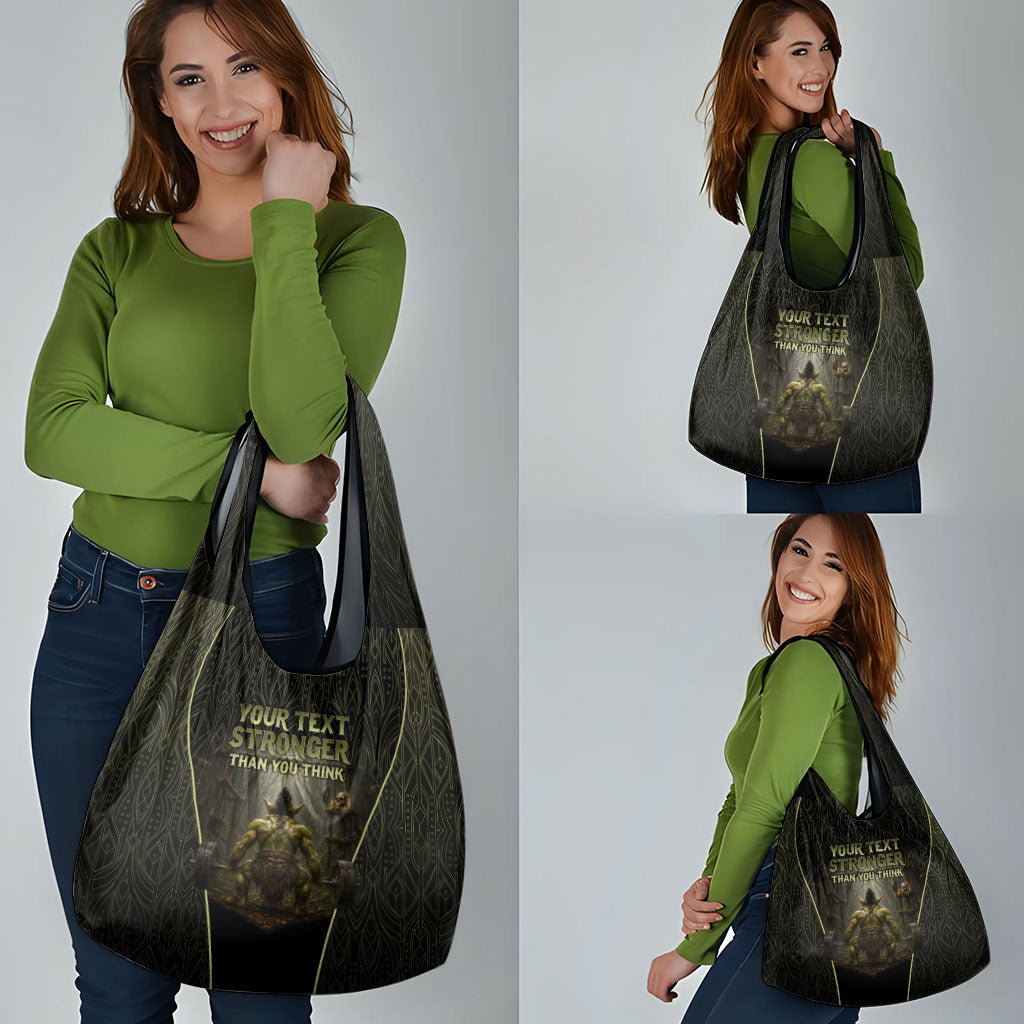Personalized Muscular Goblin Weightlifting Grocery Bag Pain For Growth Dark Fantasy Gym Graphic