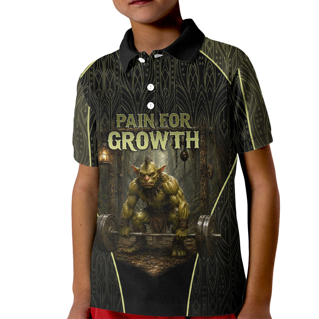 Personalized Muscular Goblin Weightlifting Kid Polo Shirt Pain For Growth Dark Fantasy Gym Graphic