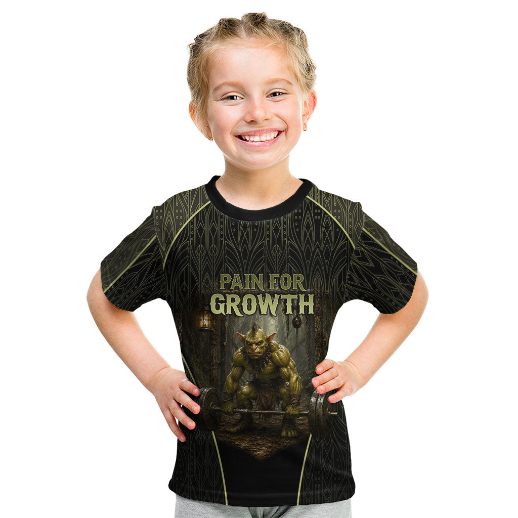 Personalized Muscular Goblin Weightlifting Kid T Shirt Pain For Growth Dark Fantasy Gym Graphic
