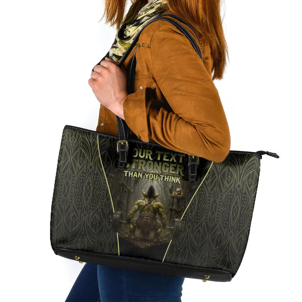 Personalized Muscular Goblin Weightlifting Leather Tote Bag Pain For Growth Dark Fantasy Gym Graphic