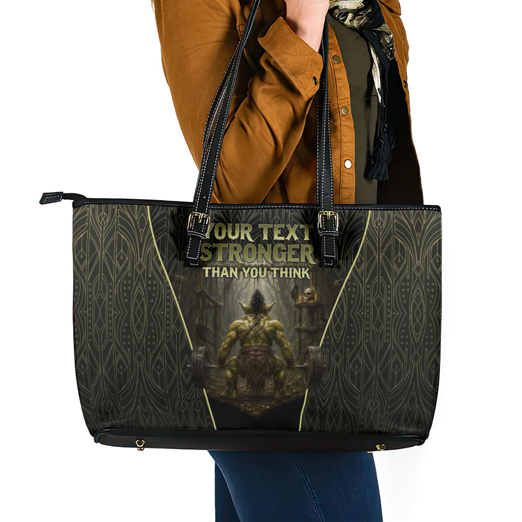 Personalized Muscular Goblin Weightlifting Leather Tote Bag Pain For Growth Dark Fantasy Gym Graphic