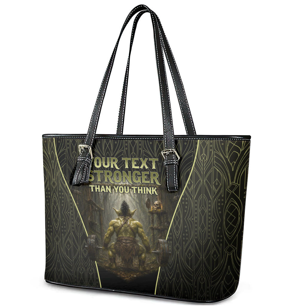 Personalized Muscular Goblin Weightlifting Leather Tote Bag Pain For Growth Dark Fantasy Gym Graphic