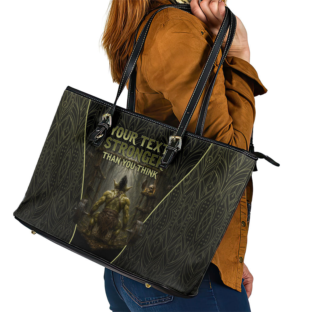 Personalized Muscular Goblin Weightlifting Leather Tote Bag Pain For Growth Dark Fantasy Gym Graphic