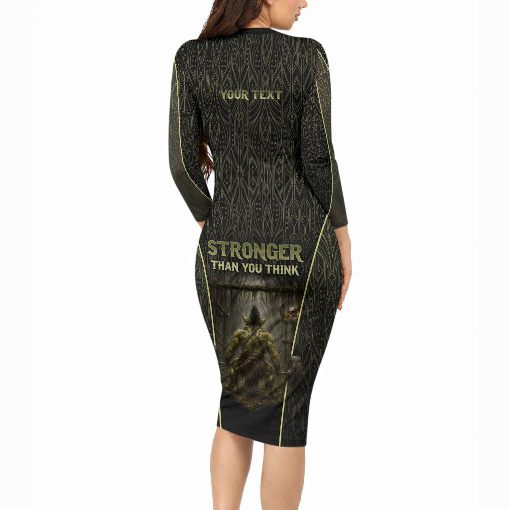 Personalized Muscular Goblin Weightlifting Long Sleeve Bodycon Dress Pain For Growth Dark Fantasy Gym Graphic